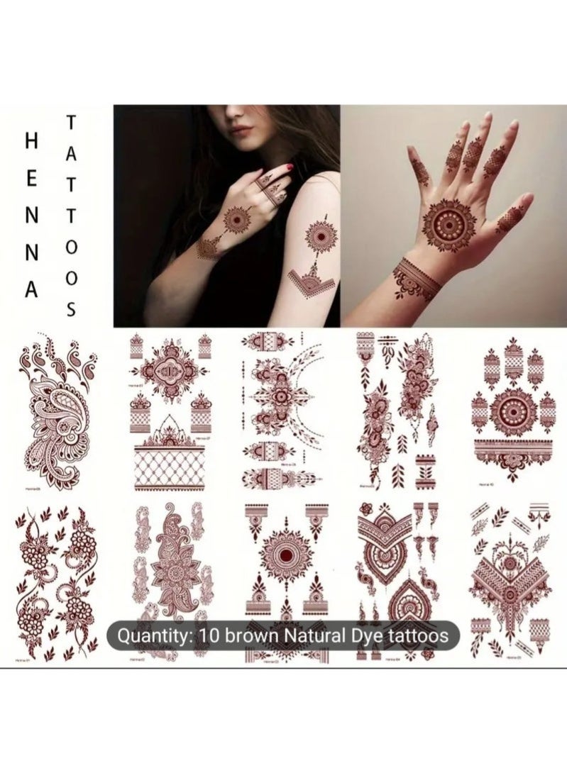 10 Pcs Women's Brown Henna-Like Temporary Tattoos- Non-Toxic Body Art Stickers with Elegant Floral, Geometric, Teardrop, Best for Wedding, Party, Festival, Everyday-Long-Lasting & Easy Application- Safe for Sensitive Light Beige, High Quality Print - Image 1