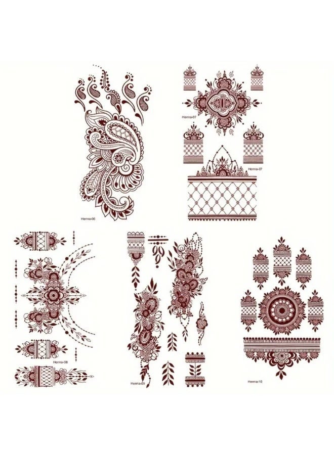 10 Pcs Women's Brown Henna-Like Temporary Tattoos- Non-Toxic Body Art Stickers with Elegant Floral, Geometric, Teardrop, Best for Wedding, Party, Festival, Everyday-Long-Lasting & Easy Application- Safe for Sensitive Light Beige, High Quality Print - Image 4