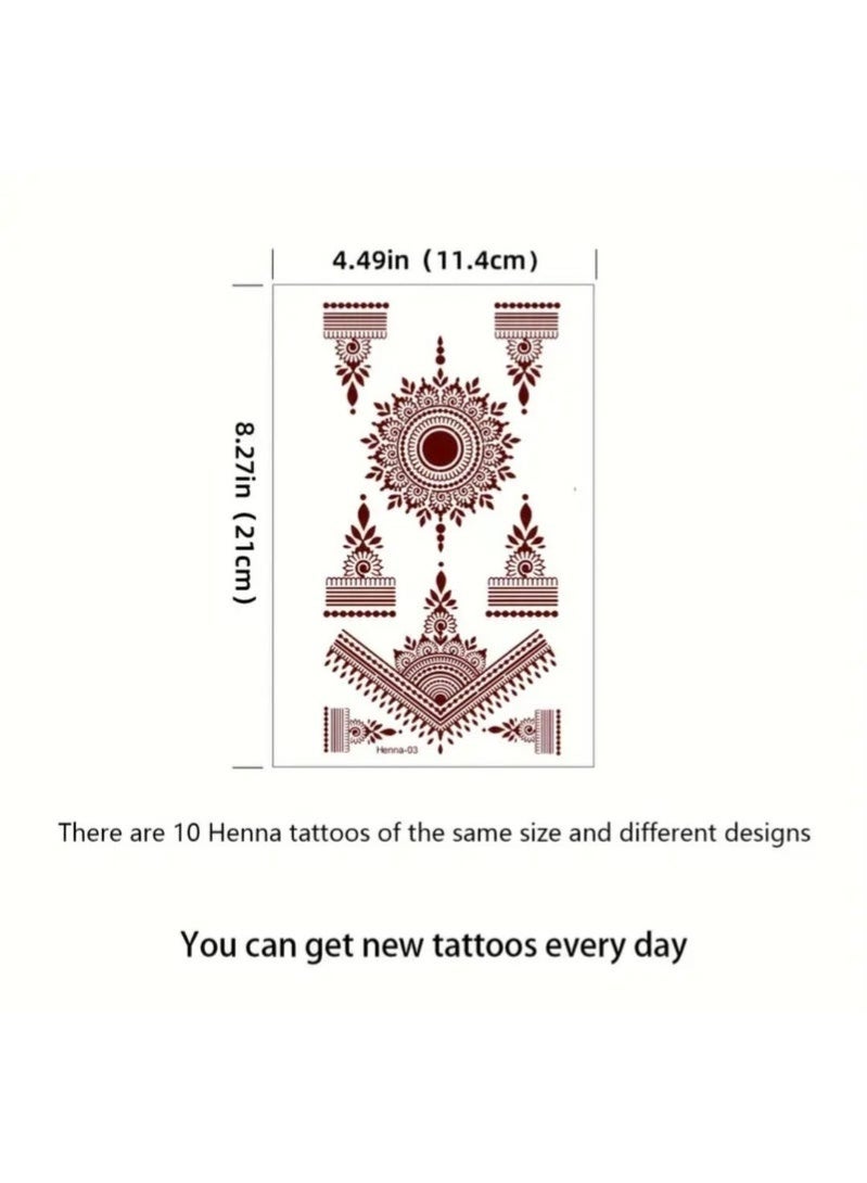 10 Pcs Women's Brown Henna-Like Temporary Tattoos- Non-Toxic Body Art Stickers with Elegant Floral, Geometric, Teardrop, Best for Wedding, Party, Festival, Everyday-Long-Lasting & Easy Application- Safe for Sensitive Light Beige, High Quality Print - Image 5