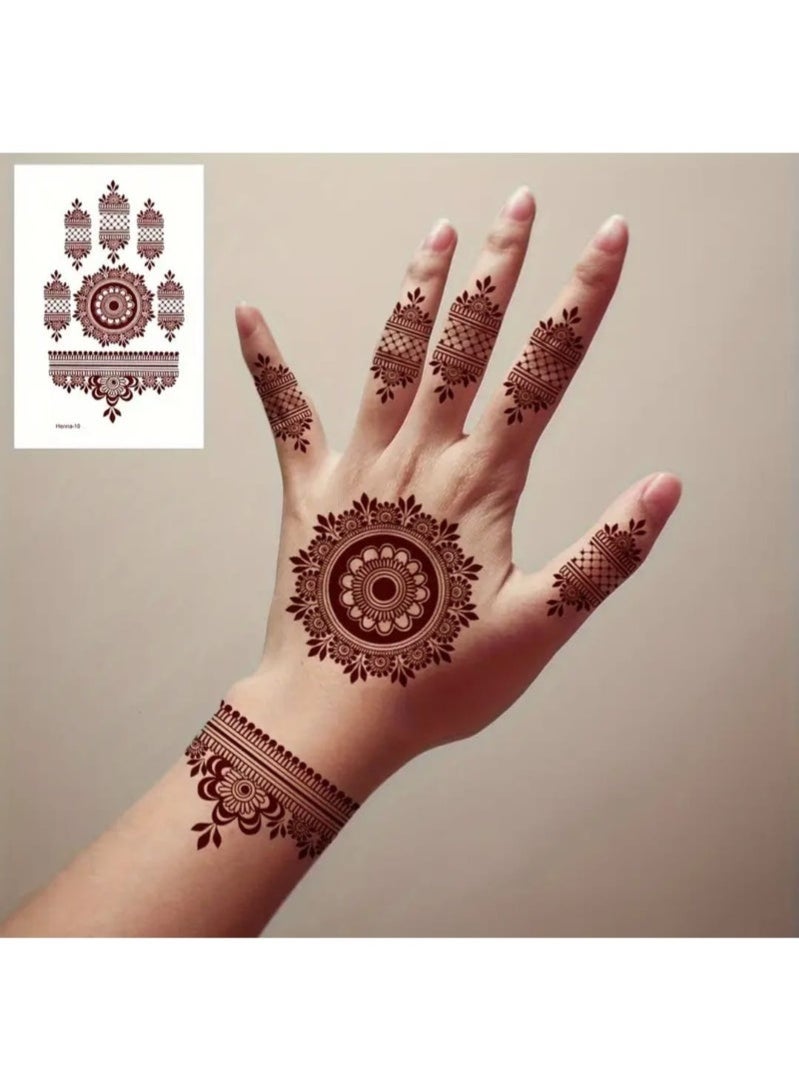 10 Pcs Women's Brown Henna-Like Temporary Tattoos- Non-Toxic Body Art Stickers with Elegant Floral, Geometric, Teardrop, Best for Wedding, Party, Festival, Everyday-Long-Lasting & Easy Application- Safe for Sensitive Light Beige, High Quality Print - Image 3