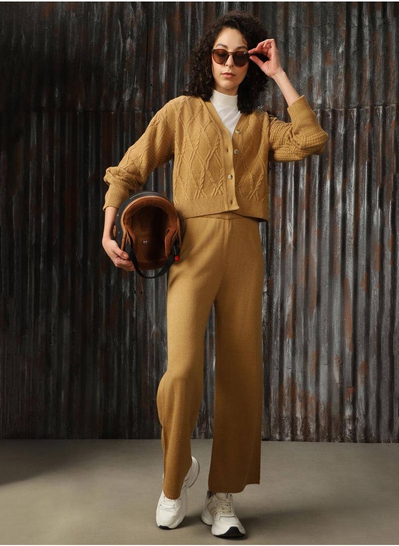 HIGH STAR Women's Beige 100% Acrylic Solid Button Down Full Length Casual Regular Fit Co-Ords  - Image 5