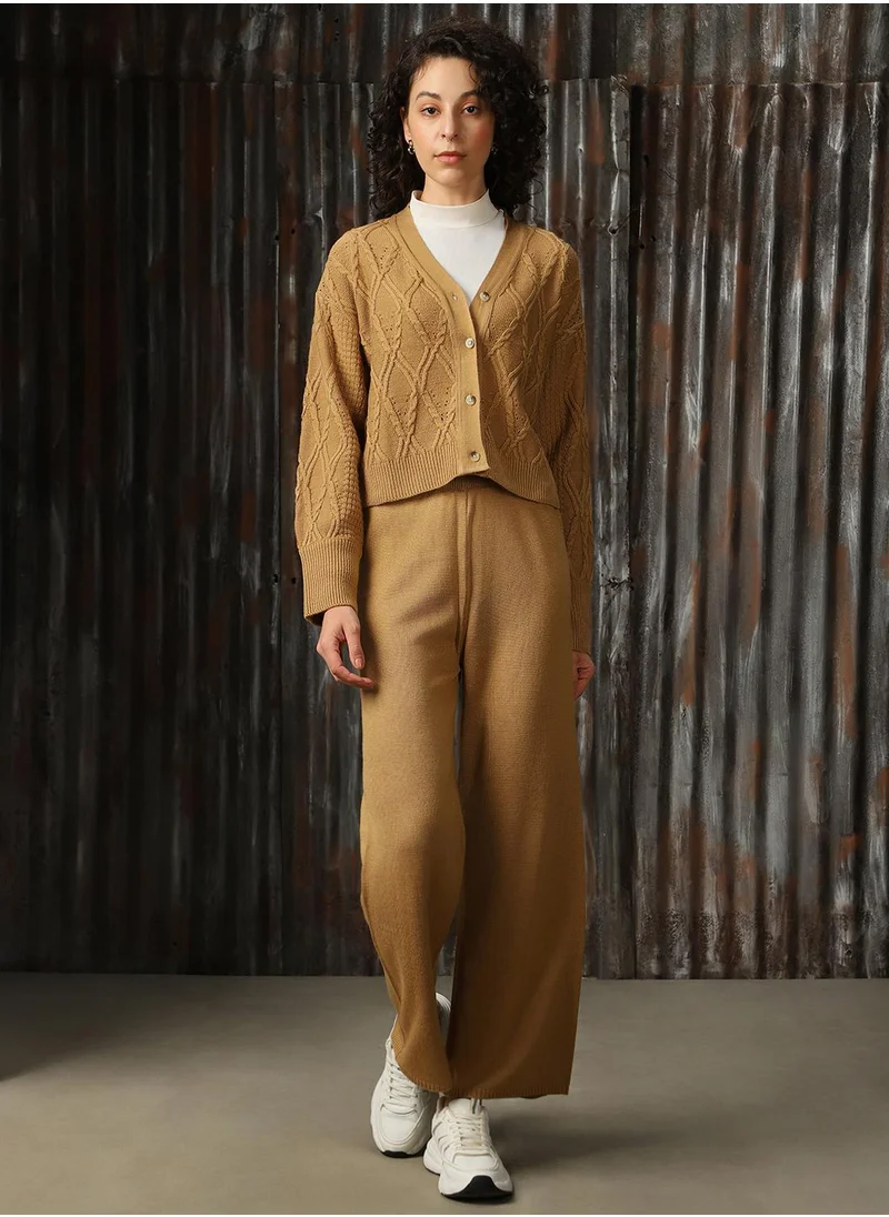 HIGH STAR Women's Beige 100% Acrylic Solid Button Down Full Length Casual Regular Fit Co-Ords