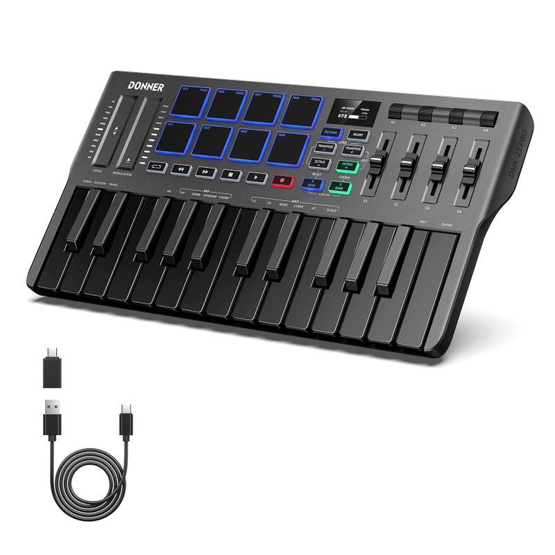Donner USB-C MIDI Keyboard Controller, 25 Key Portable Mini MIDI Keyboard with 8 Drum Pads, OLED Display, 16 Smart Scales, Arpeggio, Replay, 4 DAW Software and 40 Teaching Courses, DMK 25 Pro Black - Image 1