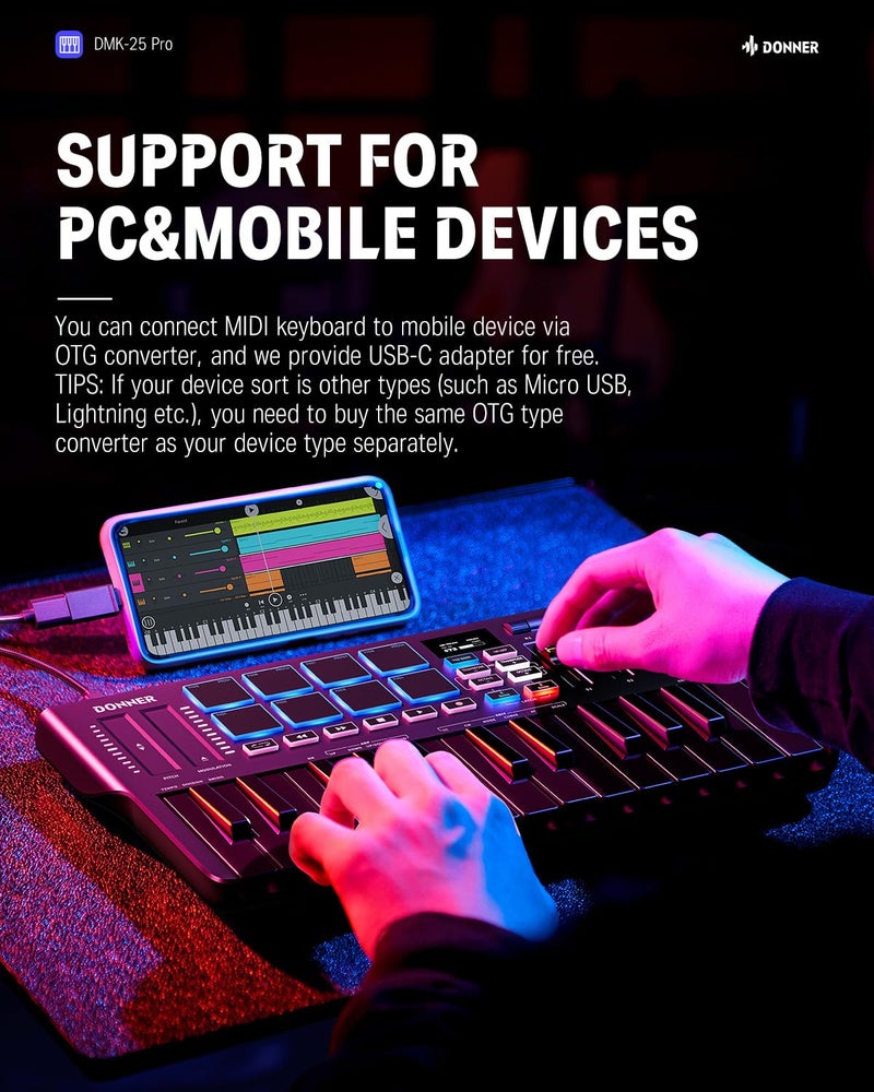Donner USB-C MIDI Keyboard Controller, 25 Key Portable Mini MIDI Keyboard with 8 Drum Pads, OLED Display, 16 Smart Scales, Arpeggio, Replay, 4 DAW Software and 40 Teaching Courses, DMK 25 Pro Black - Image 3