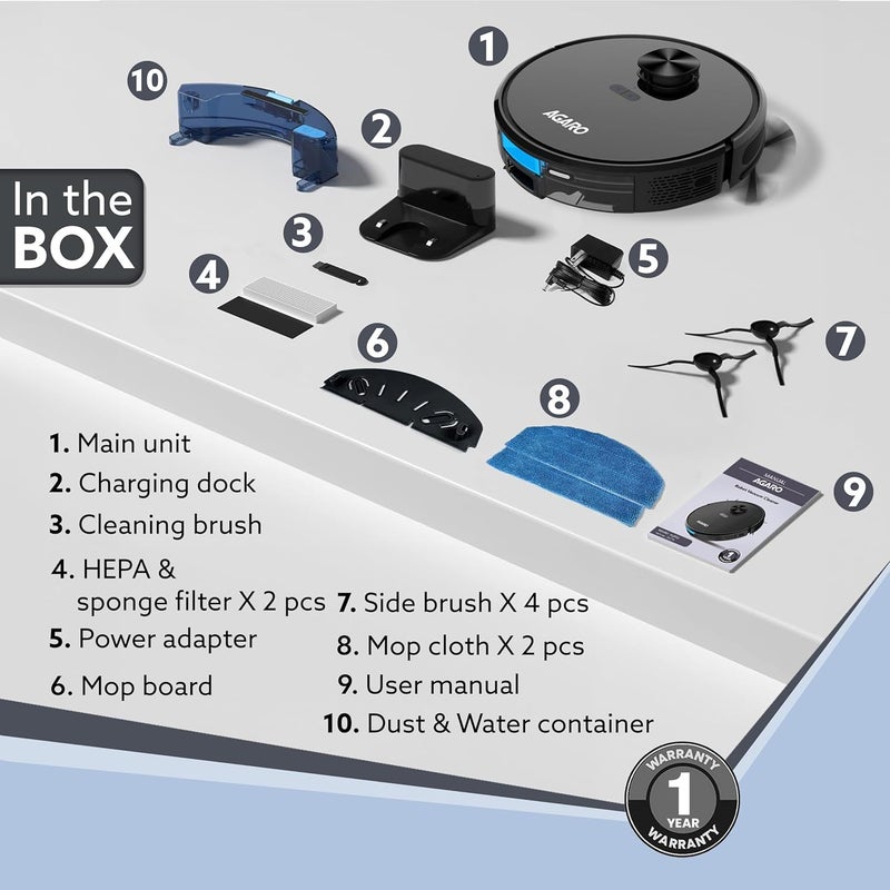 AGARO Alpha Robot Vacuum Cleaner Brush Dry Vacuum Wet Mop Automatic Cleaning Upto 3200Pa Strong Suction Rechargeable App Control Lidar Navigation Editable Map to Clean Hard Floor Carpet - Image 5