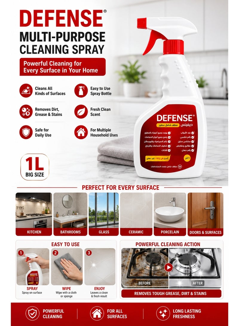 Defense Multi-Purpose Cleaning Spray 1L – All-Purpose Cleaner for Kitchen, Bathrooms, Glass, Ceramic, Porcelain, Doors and Surfaces - Image 3