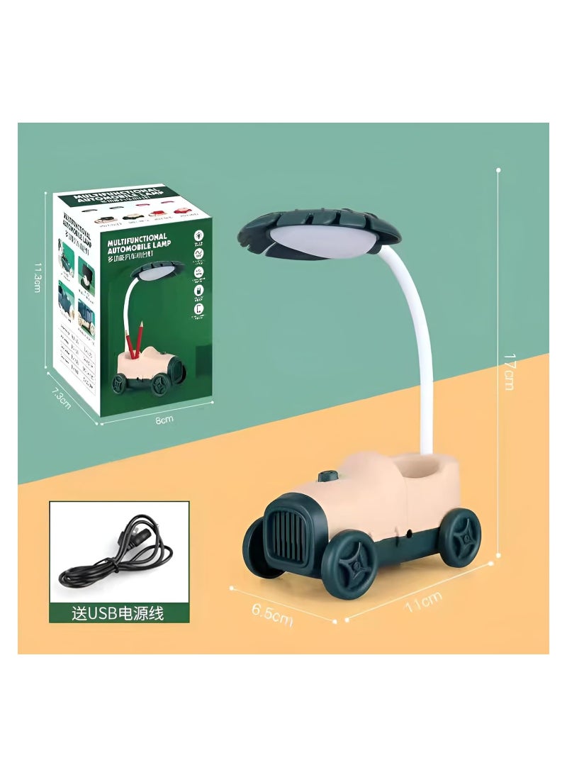 Generic - Car Shape Rechargeable LED Table Lamp, Adjustable Study Desk Lamp, LED Table Reading Light and Night Light for Kids Room with Pen Holder and Writing Instruments (Green x Beige) - Image 1