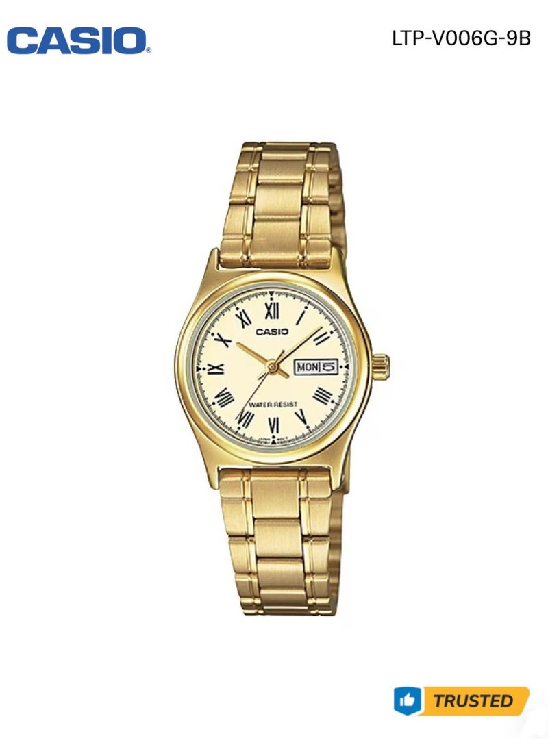 ساعة كاسيو LTP-V006G-9B أنالوج بسوار ستانلس ستيل بلون ذهبي مع عرض اليوم والتاريخ