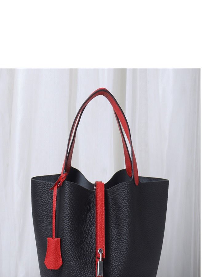 Loquat Litchi Grain Top Layer Cow Skin Bucket Bag Black/Bright Red  - Image 2