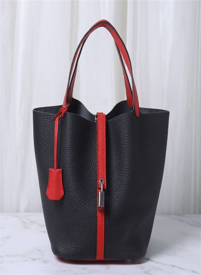 Loquat Litchi Grain Top Layer Cow Skin Bucket Bag Black/Bright Red  - Image 1
