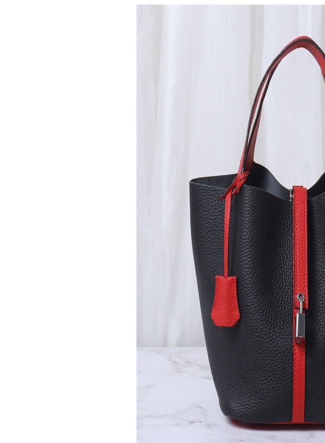 Loquat Litchi Grain Top Layer Cow Skin Bucket Bag Black/Bright Red  - Image 3