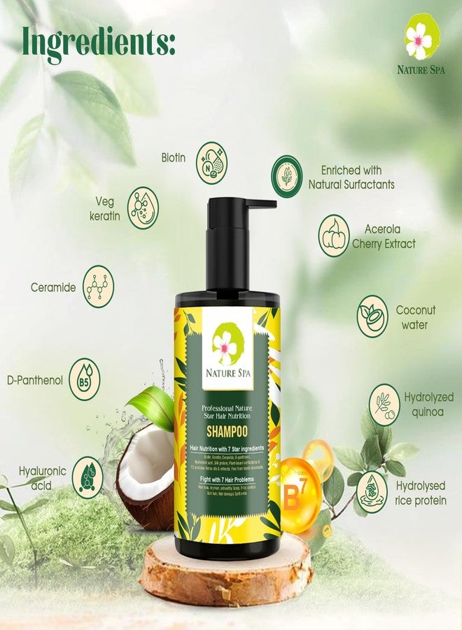 NATURE SPA شامبو ناتشر سبا المضاد لتساقط الشعر | تحكم في تساقط الشعر ١٠ أضعاف مع الكيراتين والبيوتين والسيراميد وحمض الهيالورونيك وبروتين الأرز وماء جوز الهند | يُصلح الشعر الجاف والباهت والمجعد | يقلل تساقط الشعر بنسبة تصل إلى ٩٩٪ ويعزز نموه | مُختبر من قبل أطباء الجلدية | خالٍ من الكبريتات والبارابين | شامبو نباتي لم يُختبر على الحيوانات، غني بمواد فعالة سطحية مشتقة من الطبيعة | للرجال والنساء | ٣٠٠ مل - Image 2