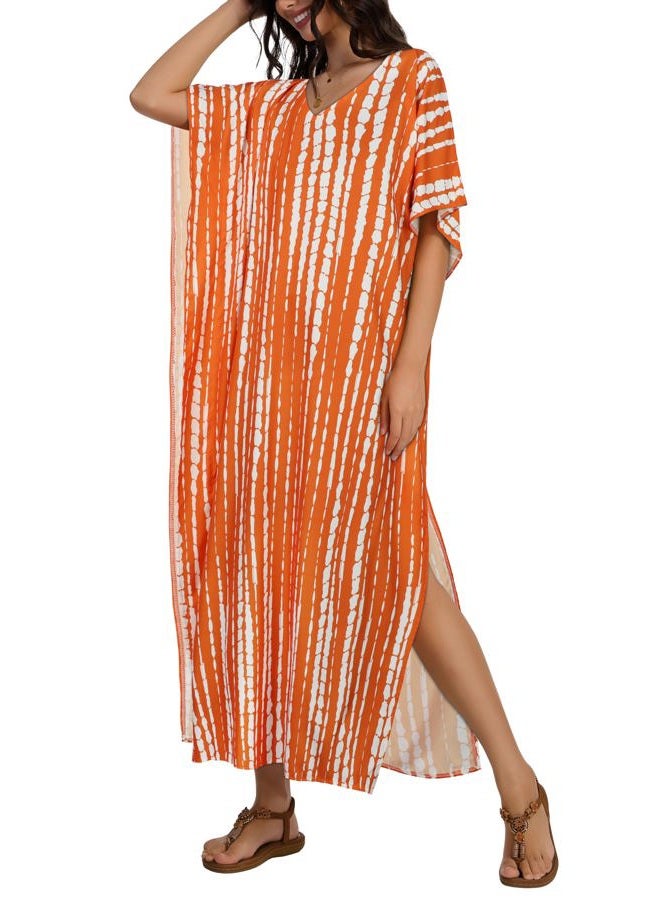 CHICGAL Kaftan Dresses for Women Oversized Long Batwing Sleeve Caftan V Neck Beach Cover Ups Summer Maxi Dress, Orange White Stripes, One size - Image 4