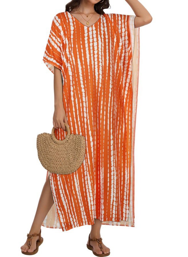 CHICGAL Kaftan Dresses for Women Oversized Long Batwing Sleeve Caftan V Neck Beach Cover Ups Summer Maxi Dress, Orange White Stripes, One size - Image 3