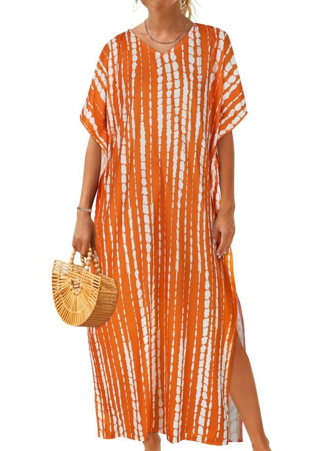CHICGAL Kaftan Dresses for Women Oversized Long Batwing Sleeve Caftan V Neck Beach Cover Ups Summer Maxi Dress, Orange White Stripes, One size - Image 1