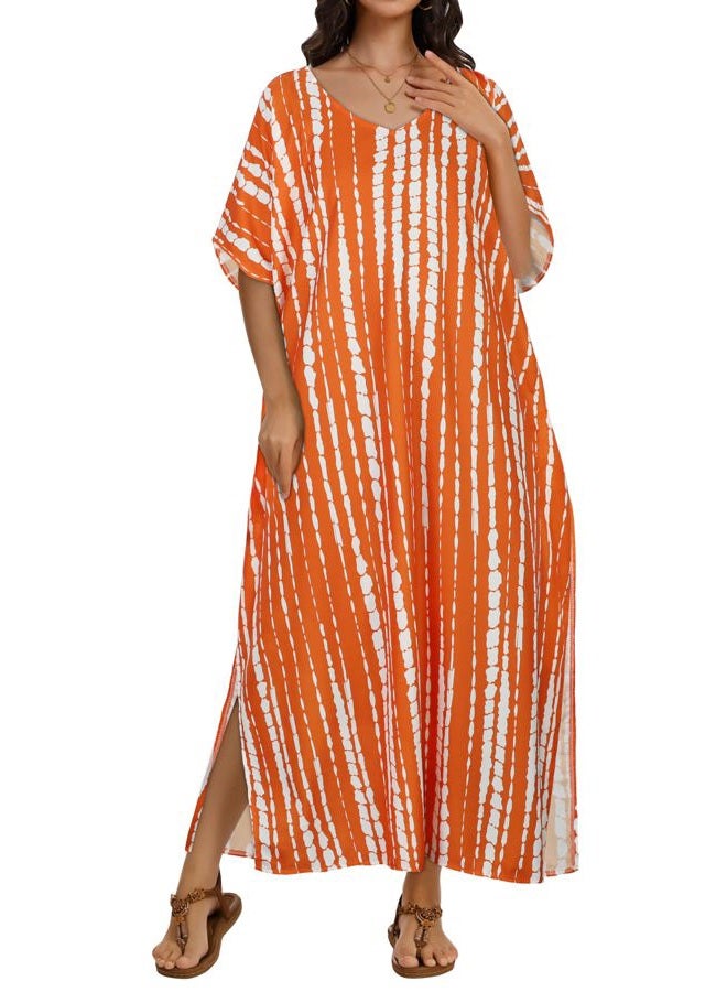 CHICGAL Kaftan Dresses for Women Oversized Long Batwing Sleeve Caftan V Neck Beach Cover Ups Summer Maxi Dress, Orange White Stripes, One size - Image 5