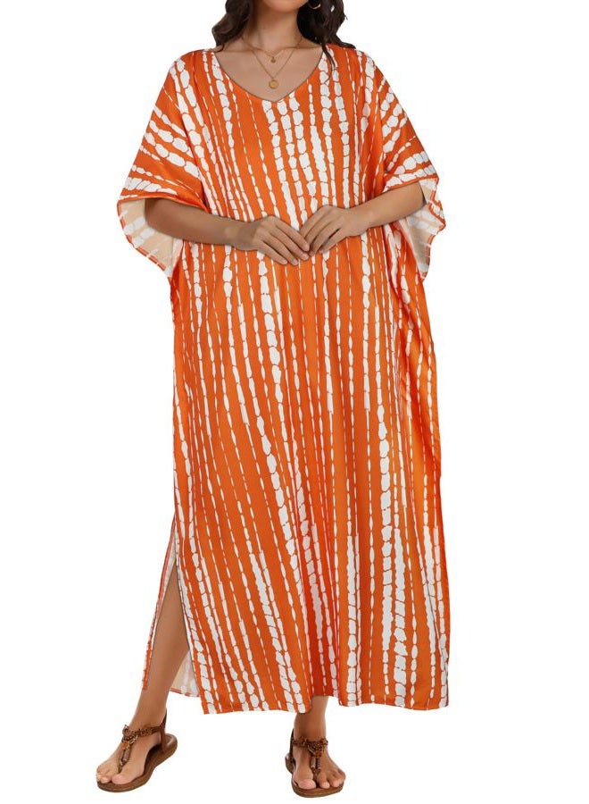 CHICGAL Kaftan Dresses for Women Oversized Long Batwing Sleeve Caftan V Neck Beach Cover Ups Summer Maxi Dress, Orange White Stripes, One size - Image 2