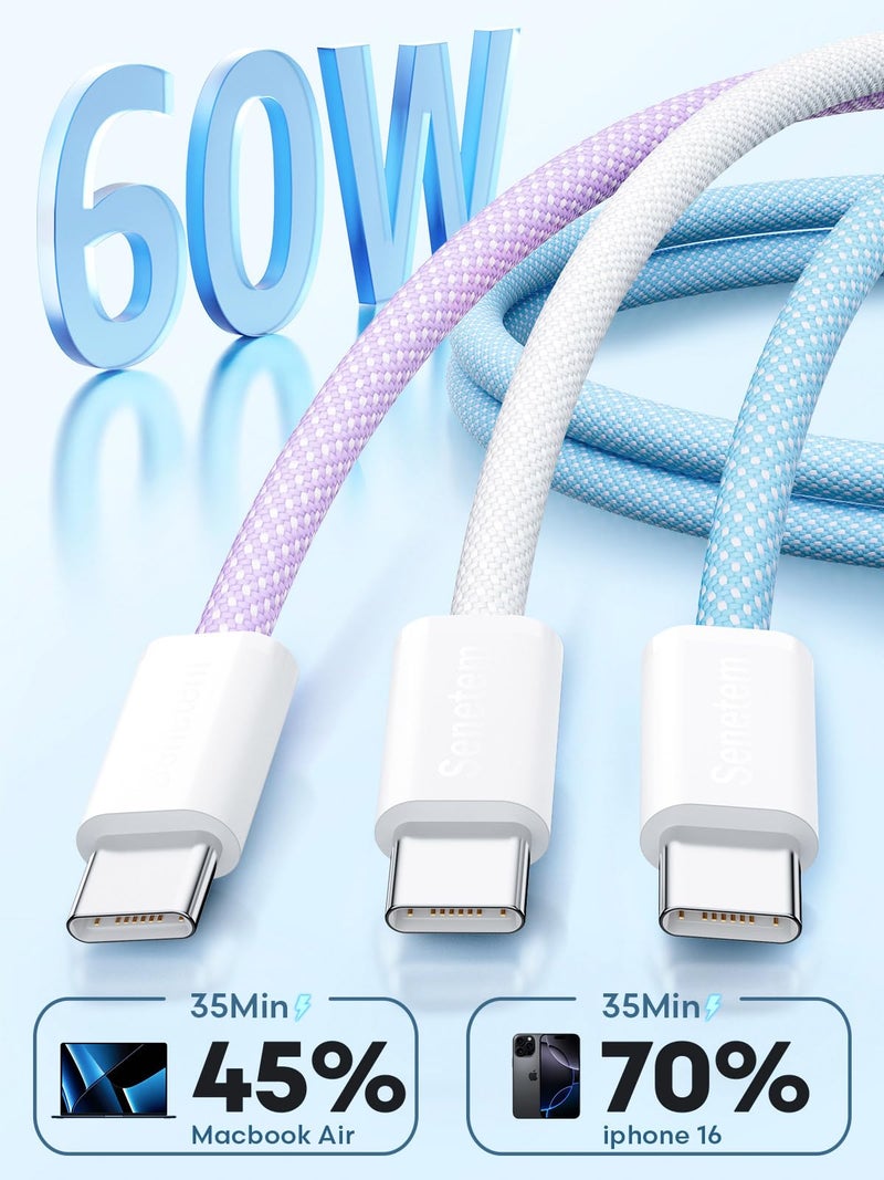 Senetem USBC to USB C Cable 3FT+6FT+10FT 3-Pack 60W (20V/3A), Type C to C Long Charger Cord Fast Charging for iPhone 15 16 Pro Max Plus, Samsung Galaxy S24/S23 S22, MacBook/iPad/Apple/Android USB-C - Image 2