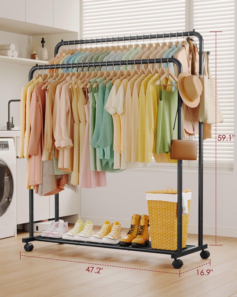 Sakugi Clothes Rack - Double Rods Clothing Rack with Mesh Shelf, Hooks & Wheels, Metal Clothing Racks for Hanging Clothes & Bags, Multifunctional Garment Rack for Laundry, Black, 47.2" x 16.9" x 59.1" - Image 2