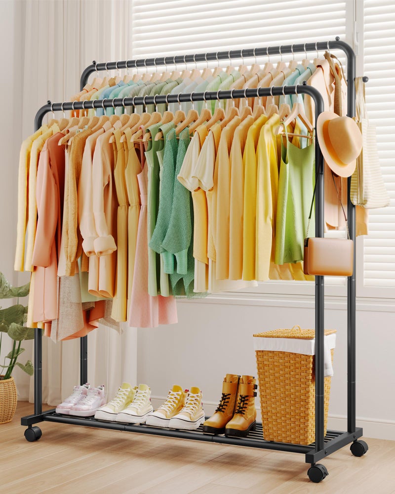 Sakugi Clothes Rack - Double Rods Clothing Rack with Mesh Shelf, Hooks & Wheels, Metal Clothing Racks for Hanging Clothes & Bags, Multifunctional Garment Rack for Laundry, Black, 47.2" x 16.9" x 59.1" - Image 3