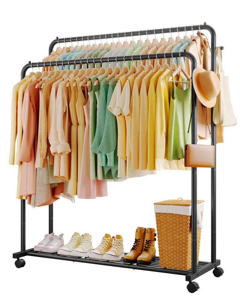 Sakugi Clothes Rack - Double Rods Clothing Rack with Mesh Shelf, Hooks & Wheels, Metal Clothing Racks for Hanging Clothes & Bags, Multifunctional Garment Rack for Laundry, Black, 47.2" x 16.9" x 59.1" - Image 1