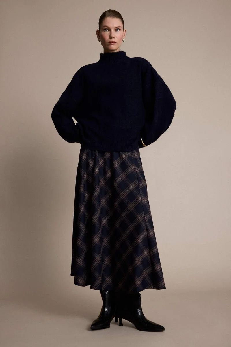 ديفاكتو A Cut Plaid Normal Waist Midi Skirt