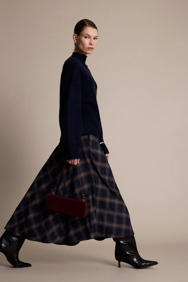 ديفاكتو A Cut Plaid Normal Waist Midi Skirt