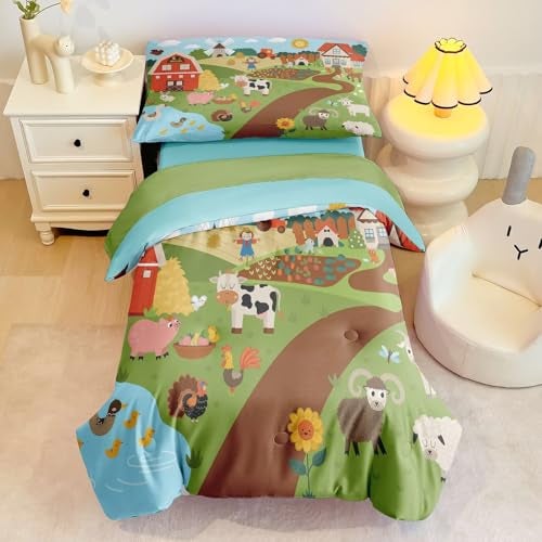 CKOU CCOO 4 Pieces Toddler Bedding Set for Boys Girls,Farmhouse Farm Animal Toddler Comforter Set Bed in a Bag Includes Comforter, Flat Sheet, Fitted Sheet and Pillowcase - Image 3
