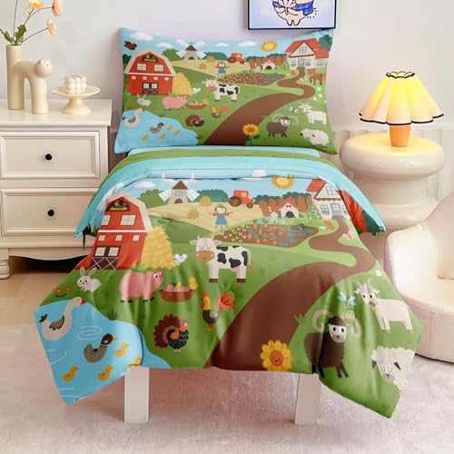CKOU CCOO 4 Pieces Toddler Bedding Set for Boys Girls,Farmhouse Farm Animal Toddler Comforter Set Bed in a Bag Includes Comforter, Flat Sheet, Fitted Sheet and Pillowcase - Image 1