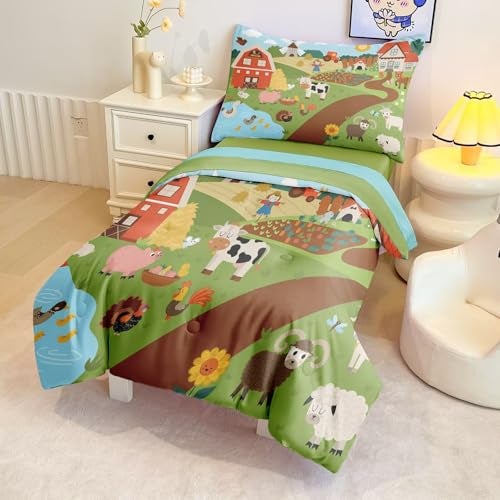CKOU CCOO 4 Pieces Toddler Bedding Set for Boys Girls,Farmhouse Farm Animal Toddler Comforter Set Bed in a Bag Includes Comforter, Flat Sheet, Fitted Sheet and Pillowcase - Image 2