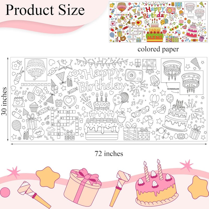 Yuronam Happy Birthday Giant Coloring Poster 30 x 72 Inches Large Coloring Tablecloth for Kids School Home Party Supplies Decoration - Image 2