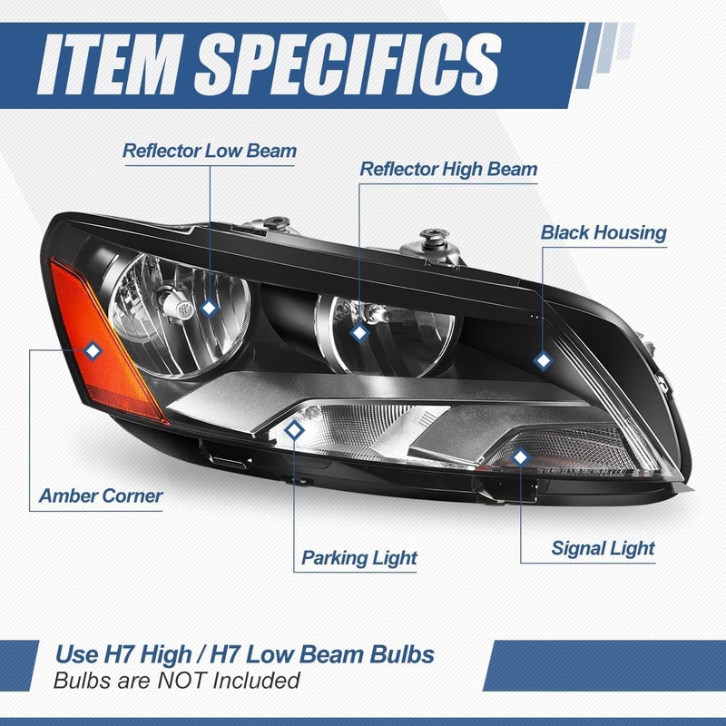 Auto Dynasty Halogen Headlight Assembly for VW Passat 2012-2015, Right Side, Black Housing - Image 2