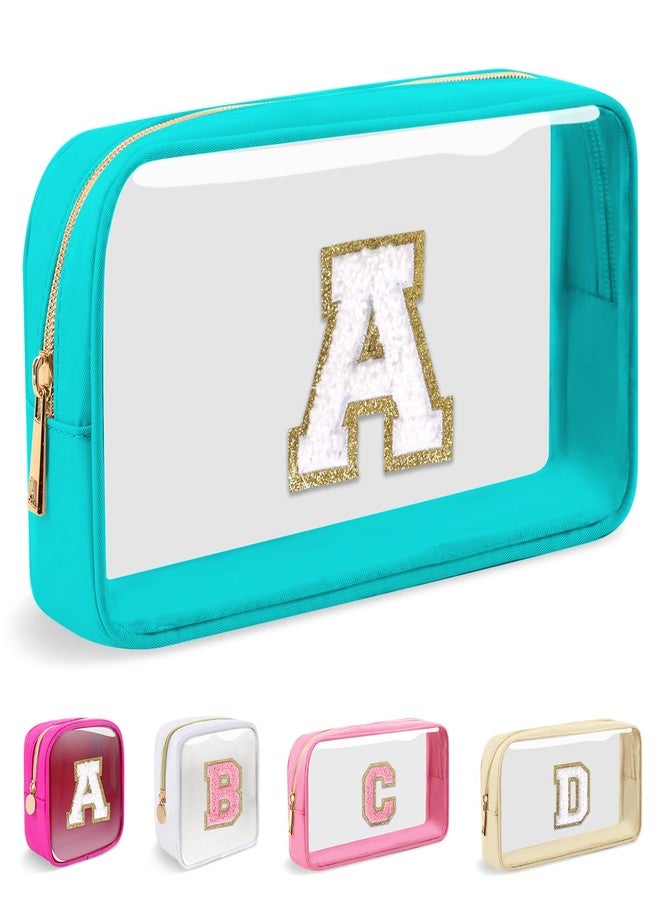 حقيبة مكياج صغيرة شفافة قابلة للتخصيص، حقيبة مستحضرات تجميل من النايلون بتصميم أنيق مزينة بحرف من الشنيل، حقيبة أدوات تجميل للشاطئ، حقيبة سفر مقاومة للماء بسحاب، حقيبة تخزين منظمة للنساء والفتيات (أزرق سماوي - أبيض A) - Image 1