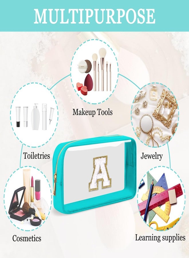 حقيبة مكياج صغيرة شفافة قابلة للتخصيص، حقيبة مستحضرات تجميل من النايلون بتصميم أنيق مزينة بحرف من الشنيل، حقيبة أدوات تجميل للشاطئ، حقيبة سفر مقاومة للماء بسحاب، حقيبة تخزين منظمة للنساء والفتيات (أزرق سماوي - أبيض A) - Image 4