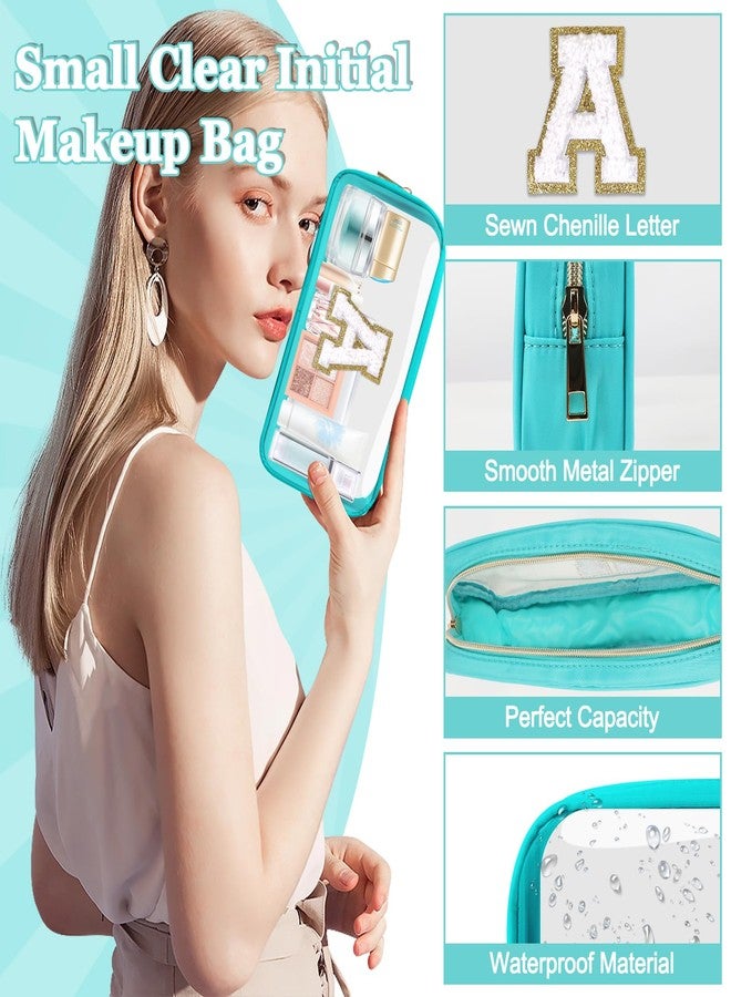حقيبة مكياج صغيرة شفافة قابلة للتخصيص، حقيبة مستحضرات تجميل من النايلون بتصميم أنيق مزينة بحرف من الشنيل، حقيبة أدوات تجميل للشاطئ، حقيبة سفر مقاومة للماء بسحاب، حقيبة تخزين منظمة للنساء والفتيات (أزرق سماوي - أبيض A) - Image 3