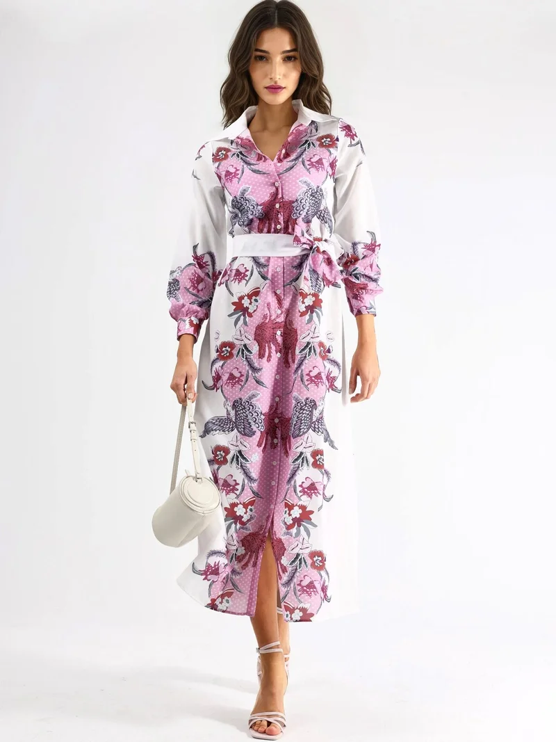 جينيفر Floral Belted Midi Dress