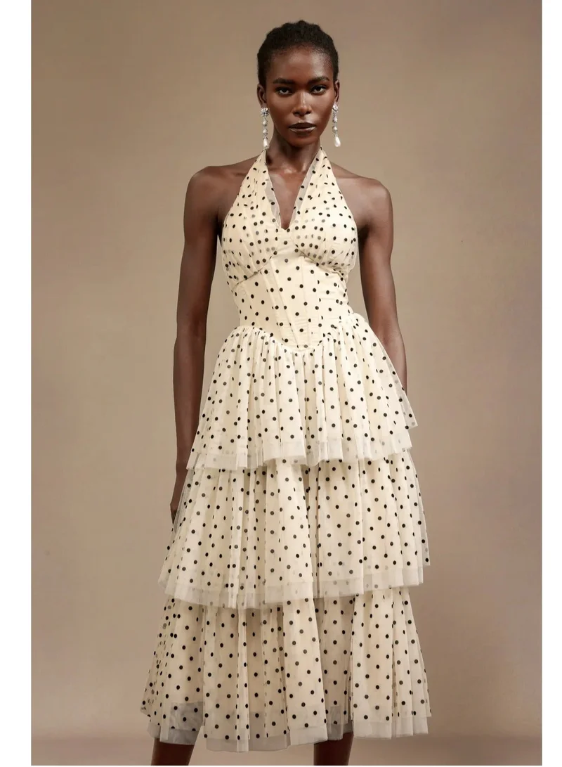 Bella Barnett Julieta Sleeveless Dot Printed Layered Folds Midi Dress