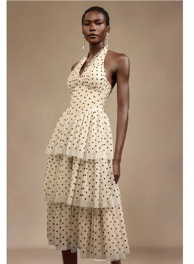 Bella Barnett Julieta Sleeveless Dot Printed Layered Folds Midi Dress