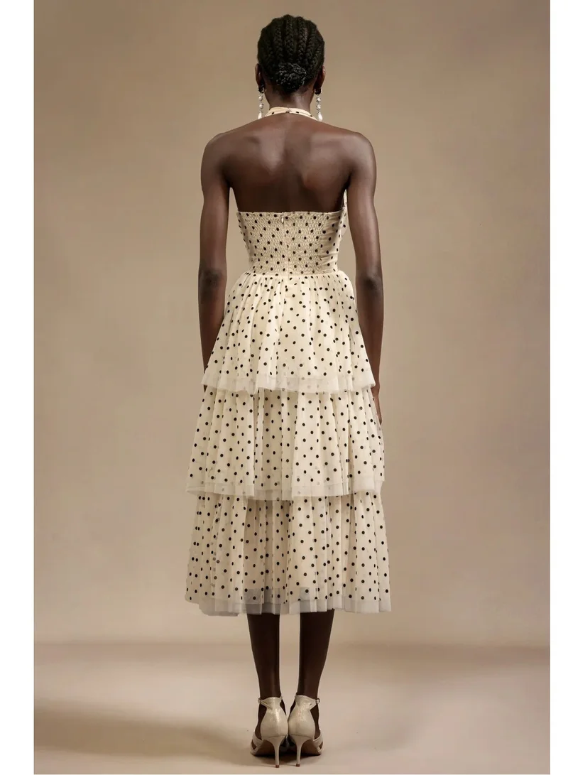 Bella Barnett Julieta Sleeveless Dot Printed Layered Folds Midi Dress