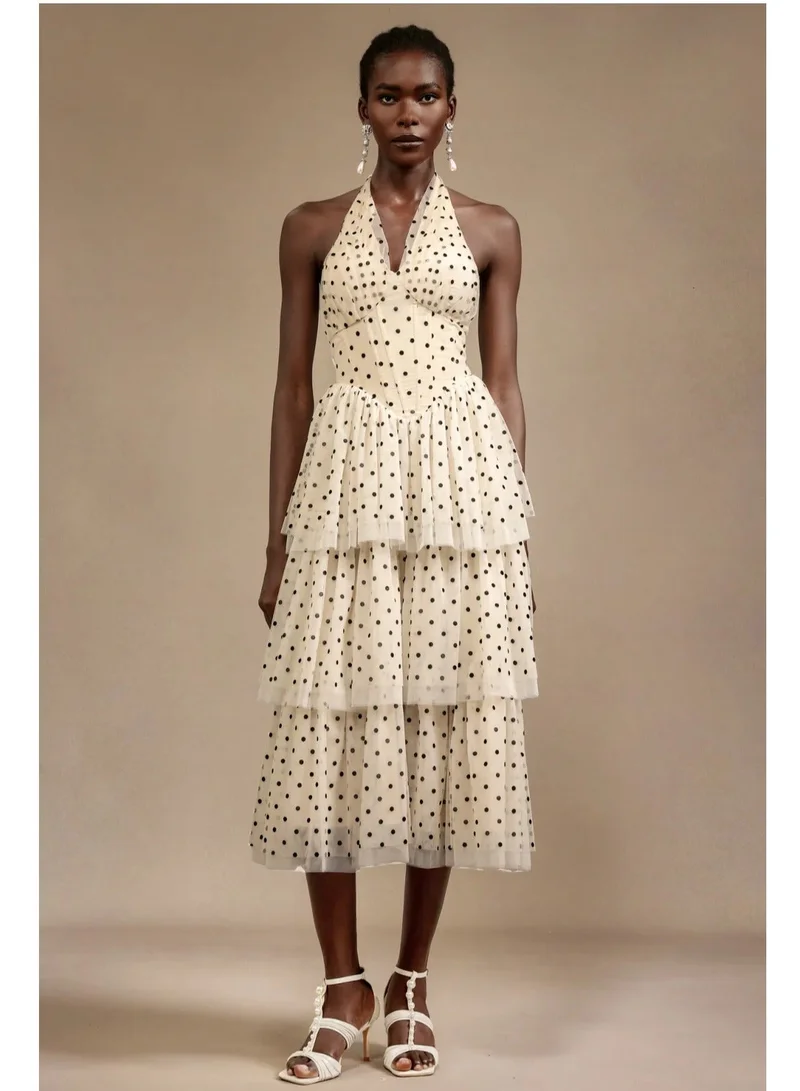 Julieta Sleeveless Dot Printed Layered Folds Midi Dress