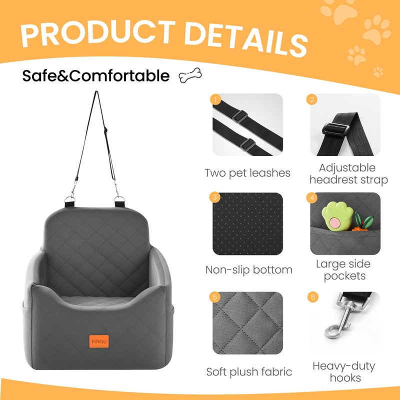 HiPetpy Dog Car Seat for Small Dog with Washable Mat, Memory Foam Booster Seat for Dogs Under 30lb, Elevated Pet Seat with Pockets, Anti-Slip Bed for Car, Perfect for Front & Back Seats with Safety Leash - Image 4