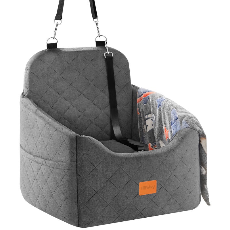 HiPetpy Dog Car Seat for Small Dog with Washable Mat, Memory Foam Booster Seat for Dogs Under 30lb, Elevated Pet Seat with Pockets, Anti-Slip Bed for Car, Perfect for Front & Back Seats with Safety Leash - Image 1