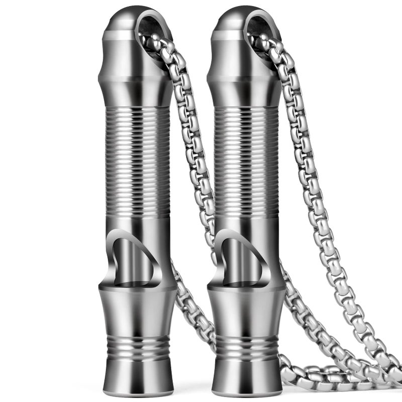 TISUR Titanium Emergency Keychain Necklace Whistle,EDC Safety Whistles for Women and Kids,Loud up to 120db, Survival Whistles for Hiking,Camping,Pets Training (2pcs Silver) - Image 1