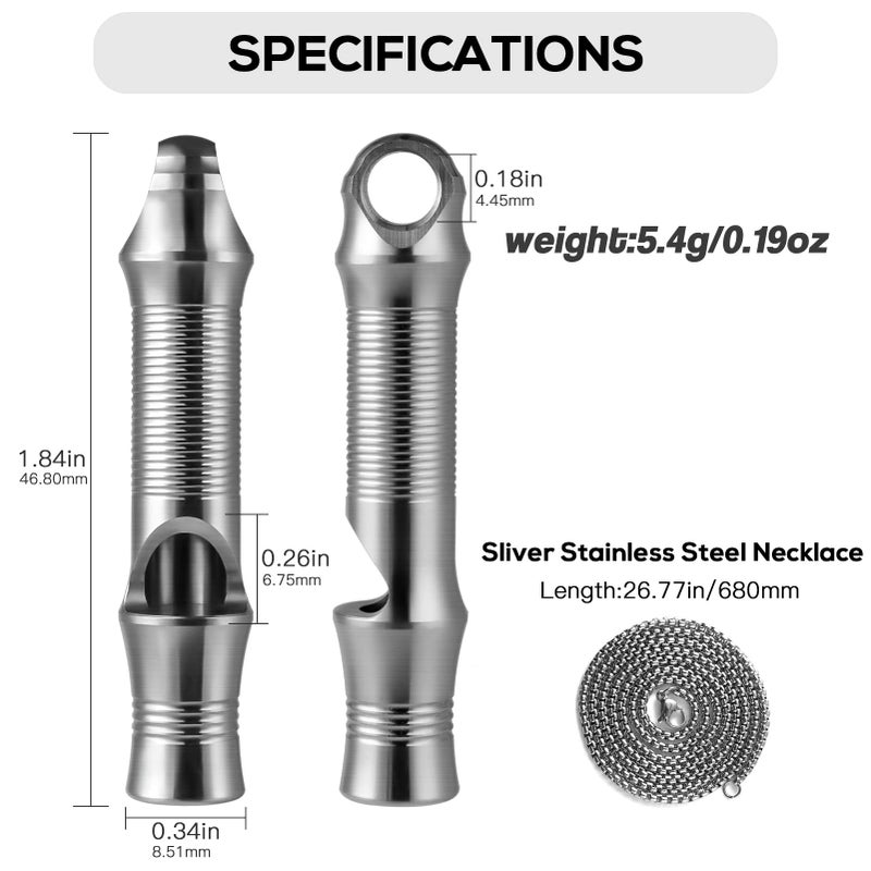 TISUR Titanium Emergency Keychain Necklace Whistle,EDC Safety Whistles for Women and Kids,Loud up to 120db, Survival Whistles for Hiking,Camping,Pets Training (2pcs Silver) - Image 2