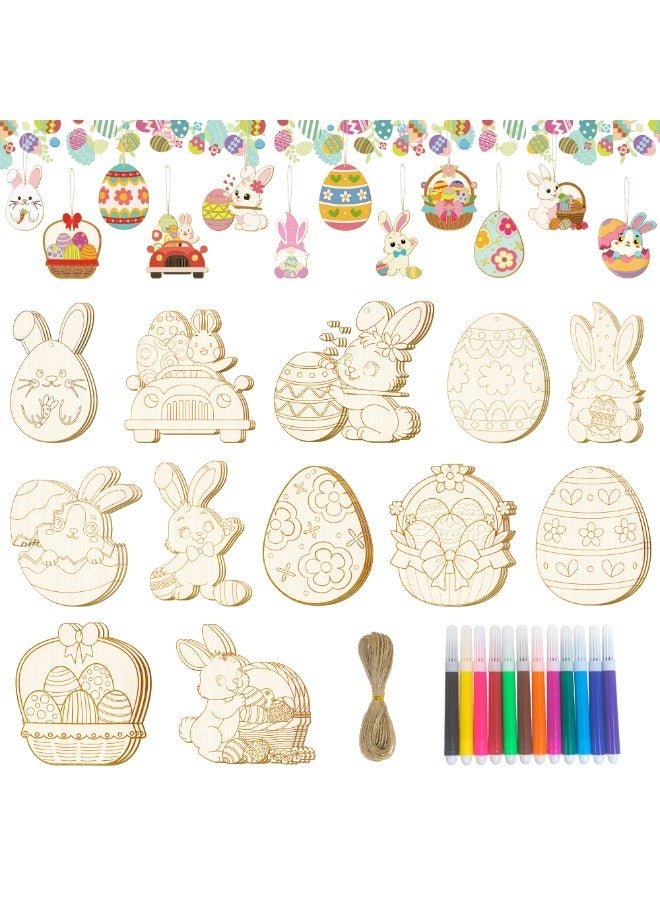 Wooden Easter Ornaments to Paint, 49pcs Easter Party Decorations Set Easter Coloring Board Set Include Easter Egg Wooden Hanging Ornaments Easter Wooden Bunny Ornaments Bunny Spring Tree Decorations for Easter Day Decorations