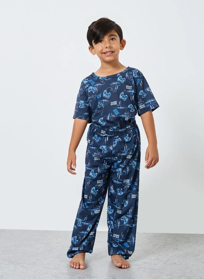 Styli Styli Boys Blue All-Over Print T-Shirt, Shorts and Pyjama Set