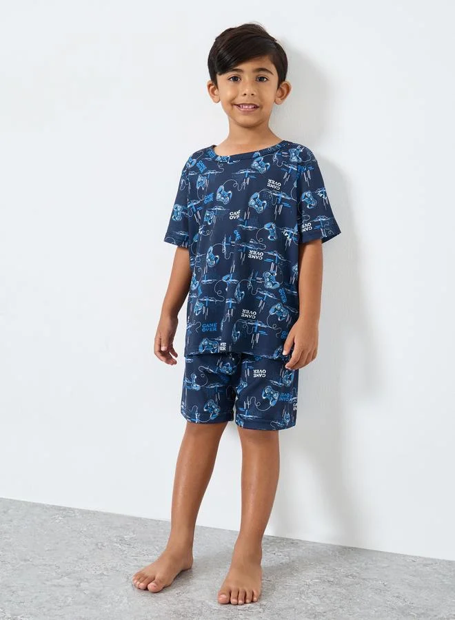 Styli Styli Boys Blue All-Over Print T-Shirt, Shorts and Pyjama Set