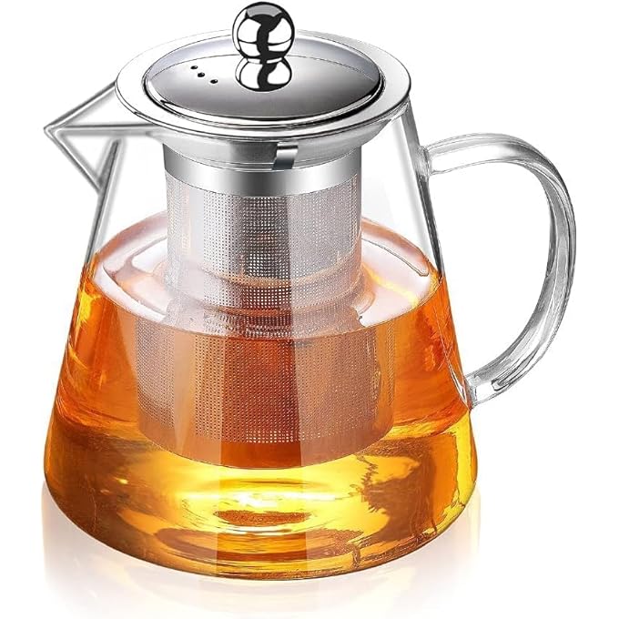 ريحني إبريق شاي زجاجي على موقد بوروسيليكات 44 أونصة مع إبريق شاي شفاف بسعة 188 وقابل للإزالة من الفولاذ المقاوم للصدأ بنظام التفتح وصانع شاي بأوراق سائبة لاستخدام التخييم - Image 1