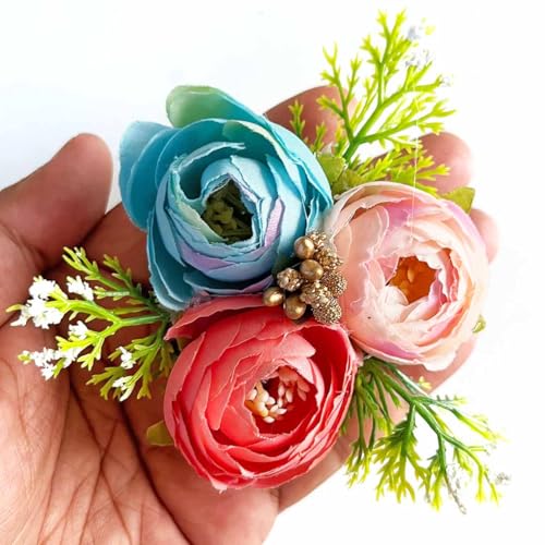 ADIKALA Set of 6 Handmade Artificial Peonies Flower Bunch for Hamper, Flower Brooch Hamper for Decoration, Gifting, Trousseau Packing | Flower Bunch (Carrot) - Image 1