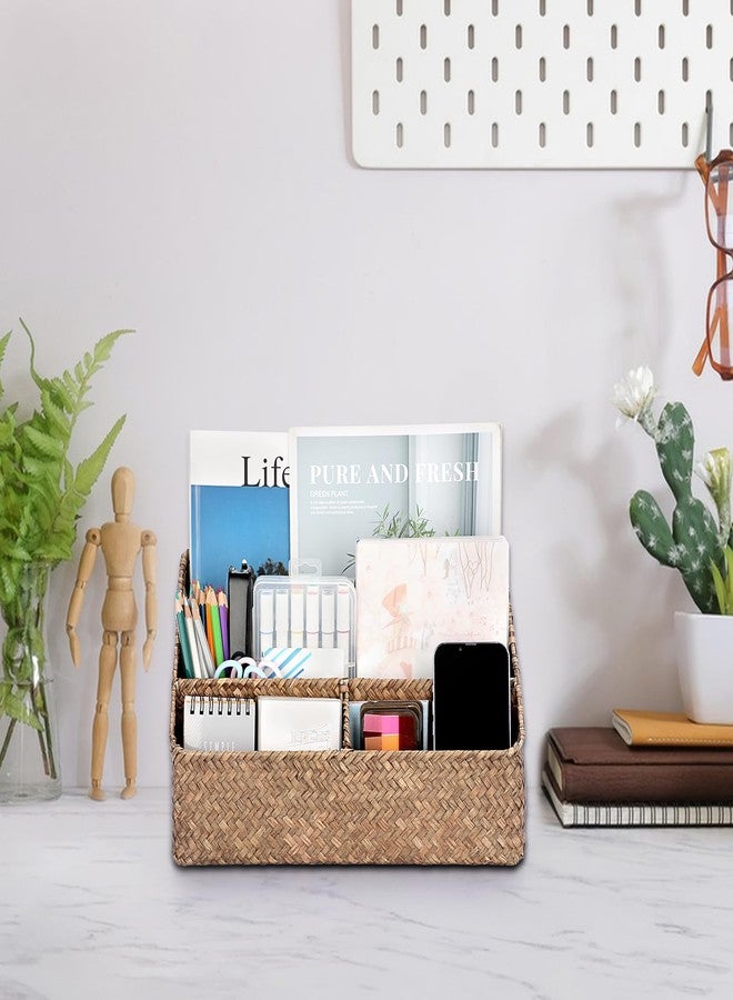 بي تي سكاي سلة تخزين منسوجة من حشائش البحر الطبيعية من BTSKY، سلال تخزين عمودية من الخوص مع 4 أقسام، منظمات مكتبية وحامل ملفات للمجلات، رف فرز لوازم المكتب المنزلي، لون قهوة - Image 2